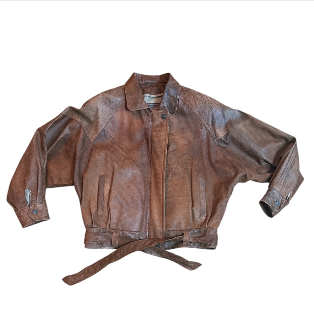 Brown Leather Bomber Jacket with Waist Tie